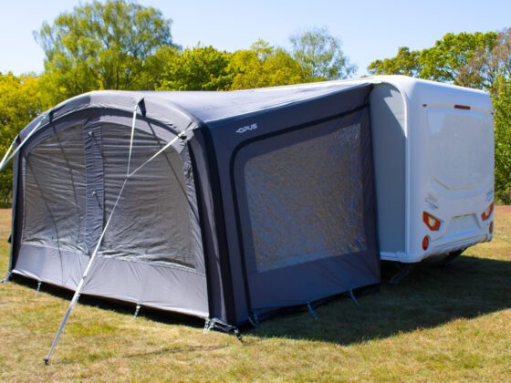 Solaria400 pitched to caravan with all panels attached